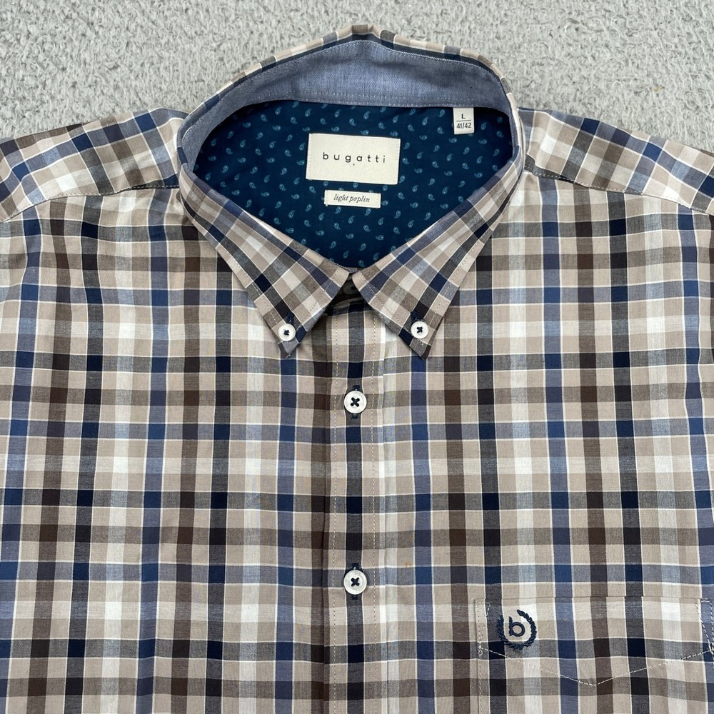 Bugatti Button Down Shirt Mens L Multicolor Plaid Light Poplin Casual Cotton